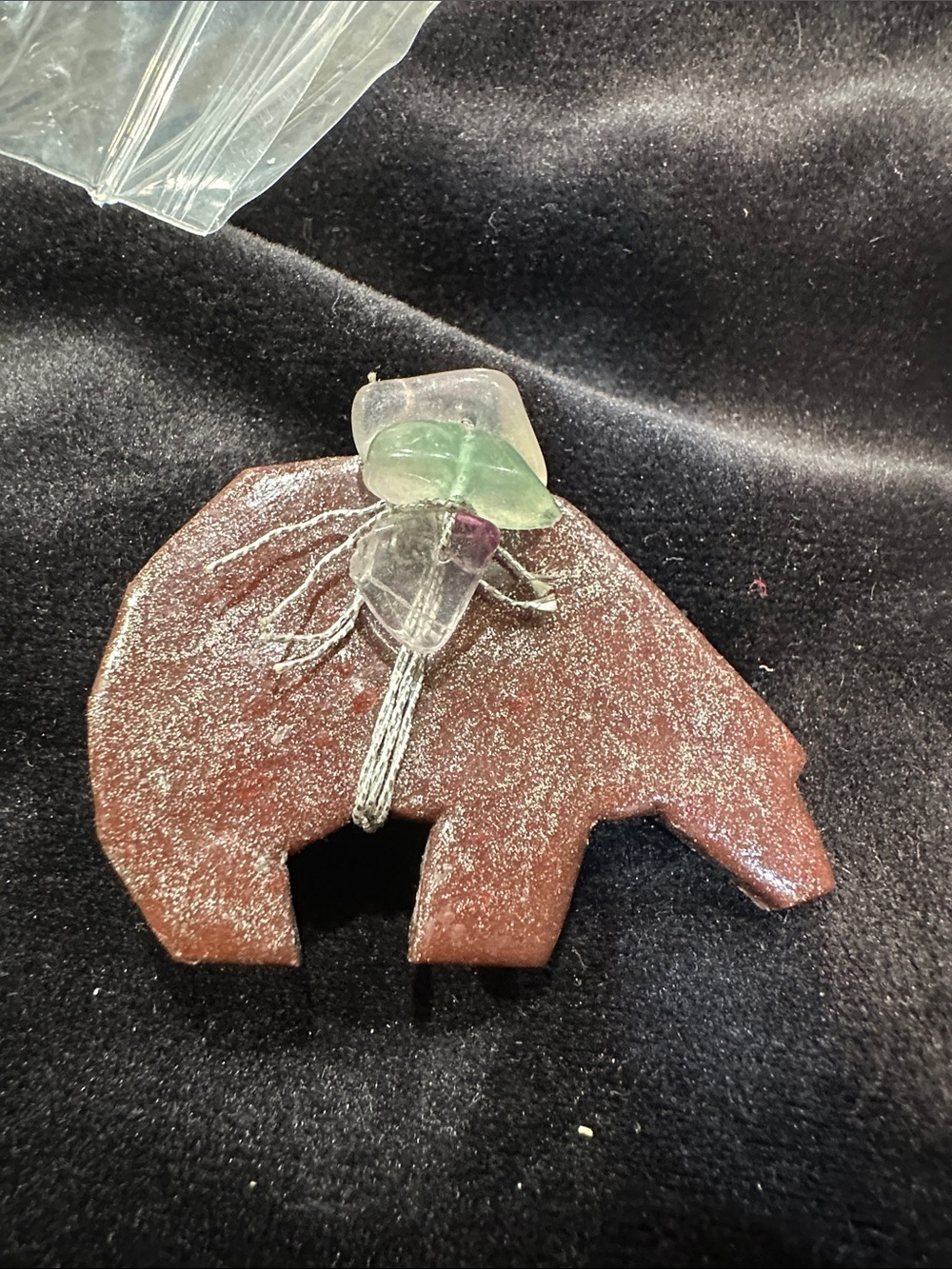 Handcrafted Brown Stone Elephant Brooch with Green Accent - Unbranded